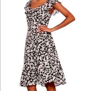 Black and white floral dress. Swingy, off the shoulder midi dre…